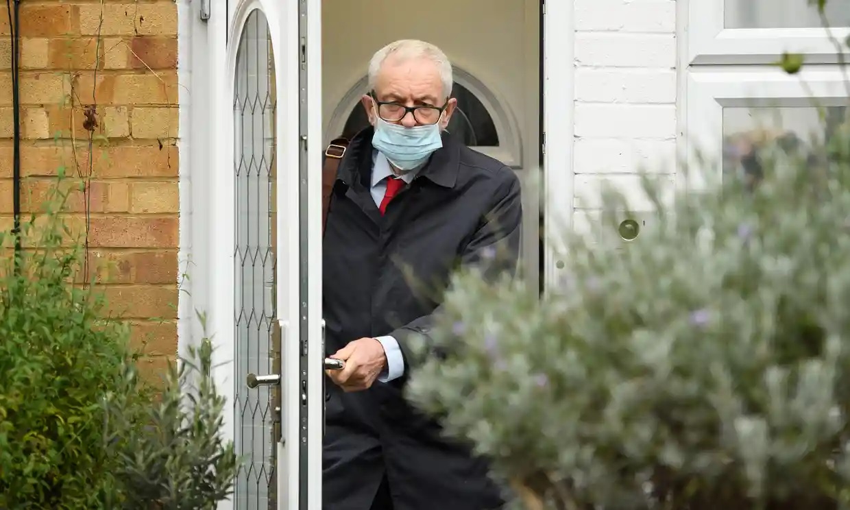 Jeremy Corbyn leaves his home on 29 October 2020, ahead of the publication of the Equality and Human Rights Commission report on antisemitism in the Labour party. Photograph: Leon Neal/Getty Images