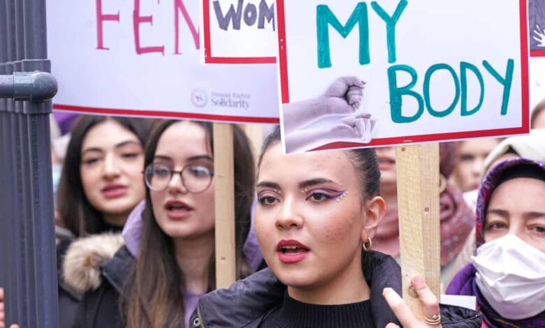 Protesters at the Million Women Rise march outside Charing Cross police station, central London, yesterday. Photograph: Ian West/PA